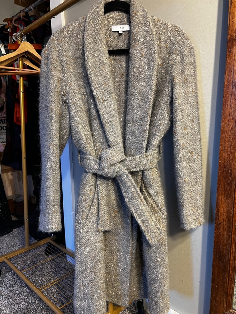 IRO Gray Bouclé Shawl-Collar Belted Trench Coat